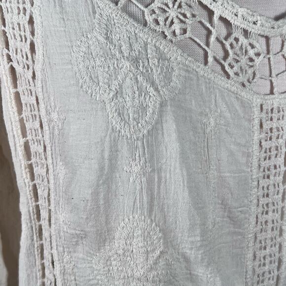 Democracy Women’s Ivory Gauzy Cotton Crochet Trim 3/4 Sleeve Boho Top Medium EUC - Picture 8 of 13